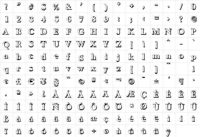 BrandonBeckerShadow-ExtraBold Regular  glyph index