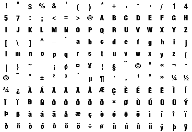 Helvetica LT Std Black Condensed  glyph index