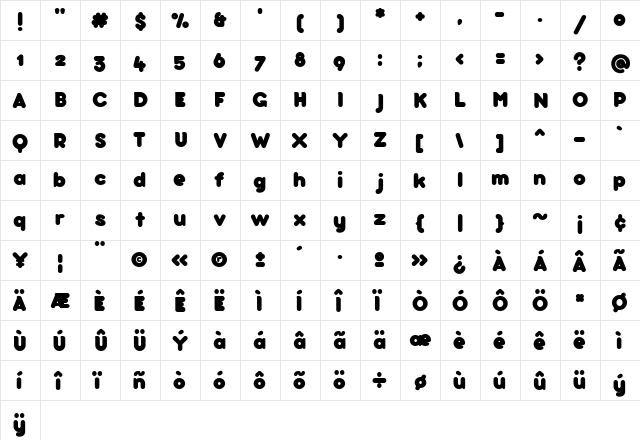 bubbleboddy Regular  glyph index