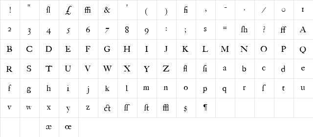 Caslon Book WF Regular  glyph index