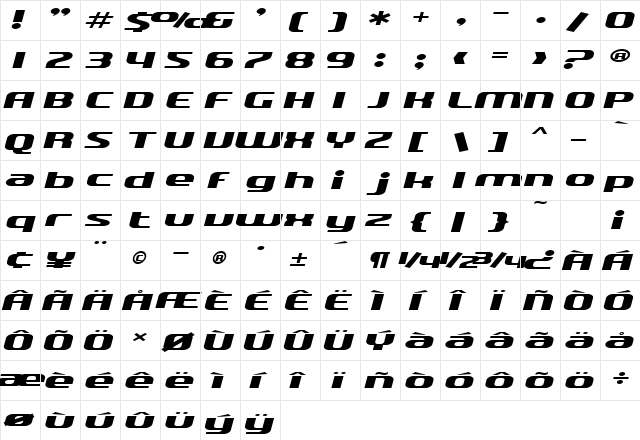 SF Quartzite Extended Italic  glyph index