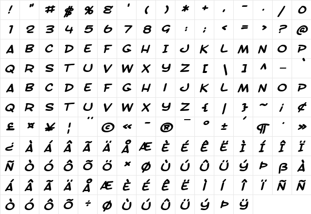 SF Toontime Extended Bold Italic  glyph index