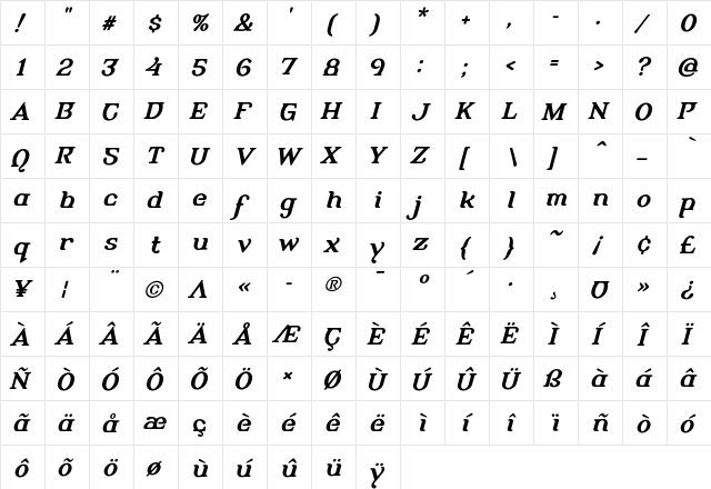 AlembicBeta-BoldItalicOne Regular  glyph index
