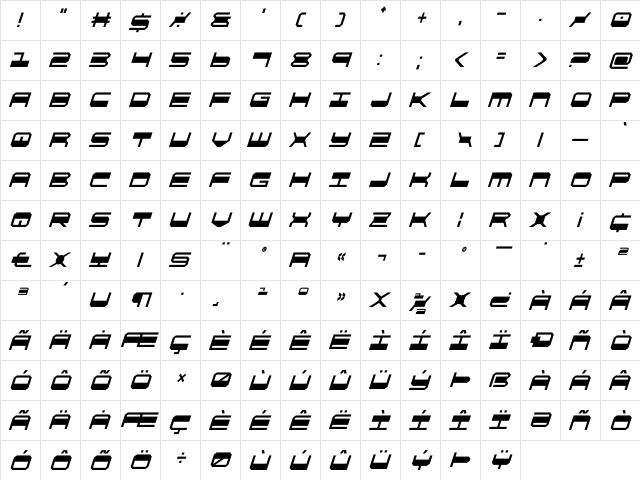 QuickGear Condensed Italic Condensed Italic  glyph index