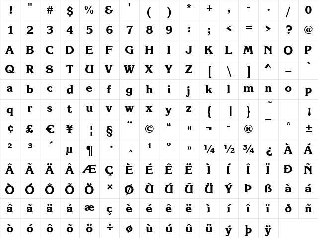 Kingston-Xbold Regular  glyph index
