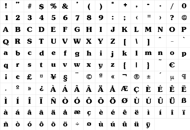 Sunset-Bold Regular  glyph index