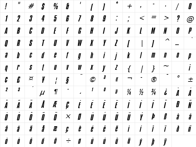 Commador Italic  glyph index