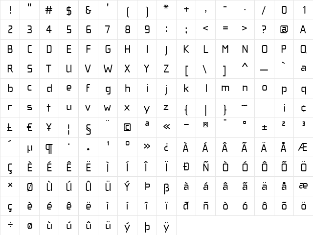 ChollaWide Regular  glyph index