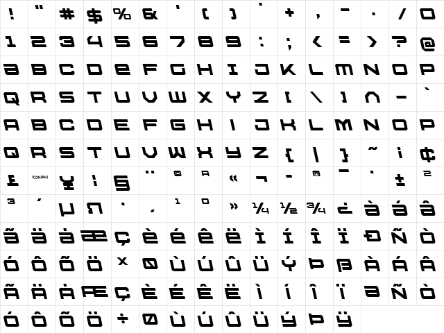 U.S.S. Dallas Leftalic Italic  glyph index