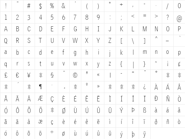 GriffithGothicCond Regular  glyph index