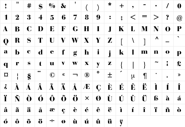 Bodoni Bauer BQ Regular  glyph index