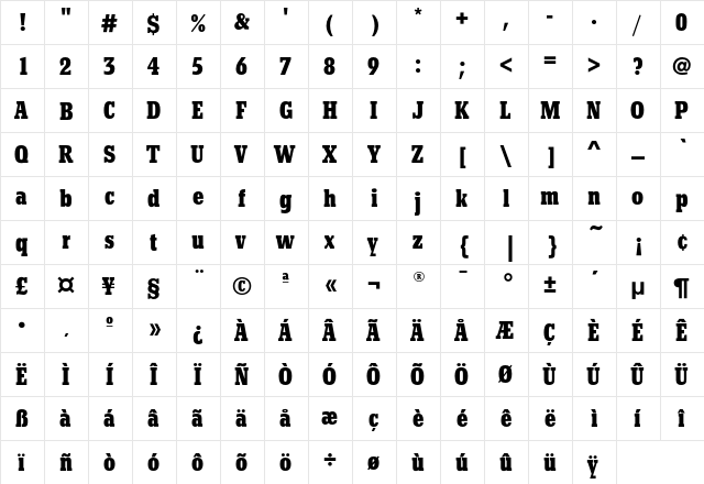 BetonEF BoldCondensed  glyph index