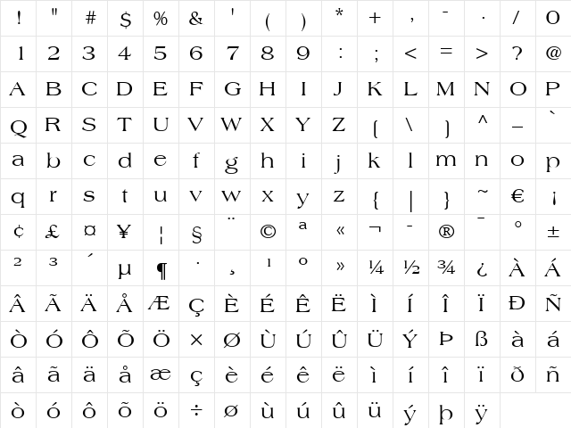 Americana LT Regular  glyph index