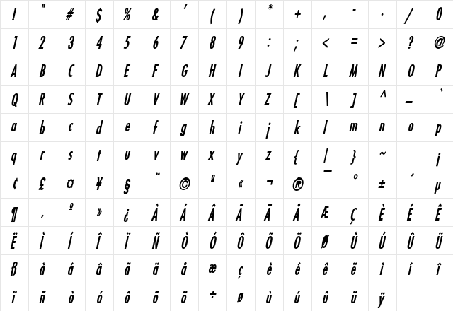 Fuji Thin Bold Italic  glyph index