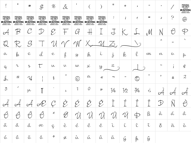 Chinal Light PERSONAL USE ONLY Regular  glyph index