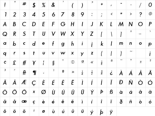 Bougan SSi Semi Bold Italic  glyph index