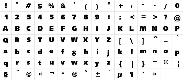 Humanist531C UltraBlack BT Regular  glyph index