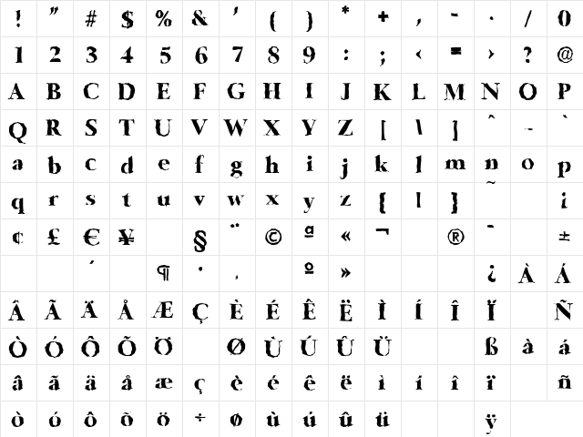 BelfastRandom-Xbold Regular  glyph index