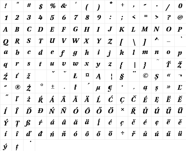 LatienneTEE Bold Italic  glyph index