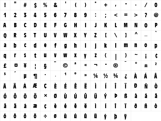 AntiqueOlive LT BoldCond Regular  glyph index