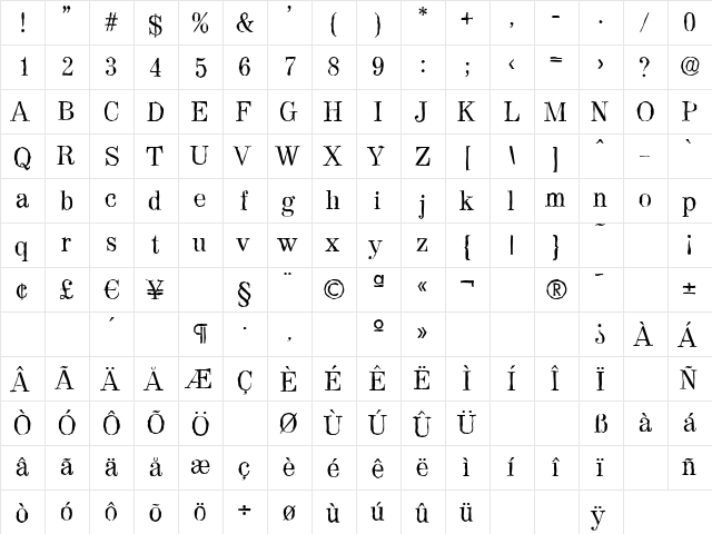 ValenciaAntique Regular  glyph index