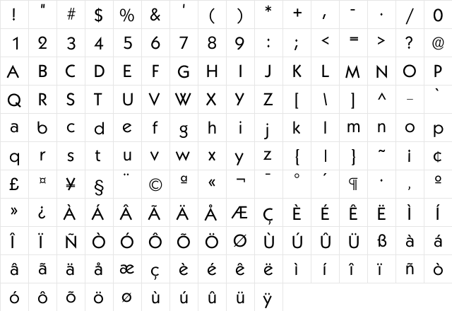 Kabel Regular  glyph index