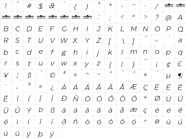 Eastman Trial Light Italic  glyph index