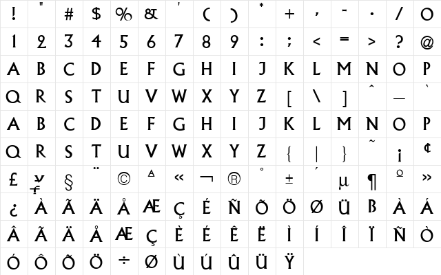 Albertus Regular  glyph index