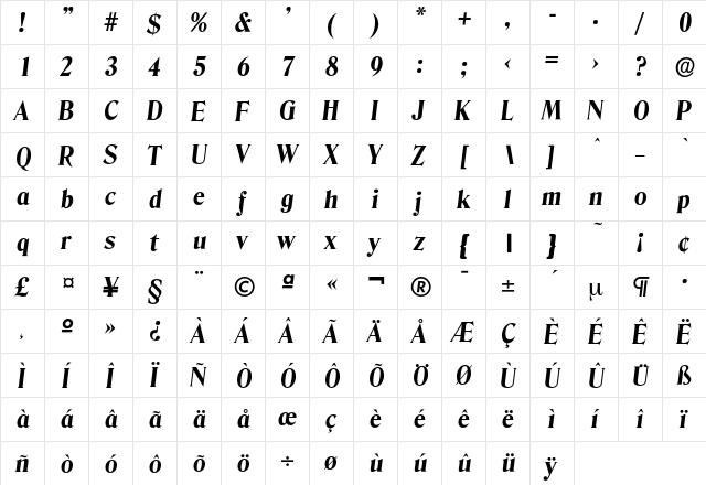 Denver-BoldIta Regular  glyph index