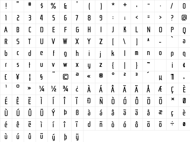 Zekton Cd Bold  glyph index
