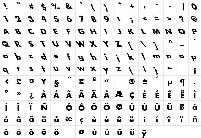 Futura-Bold Lefty Regular  glyph index