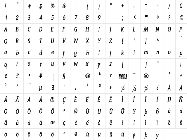 SenateCondensed Bold Italic  glyph index