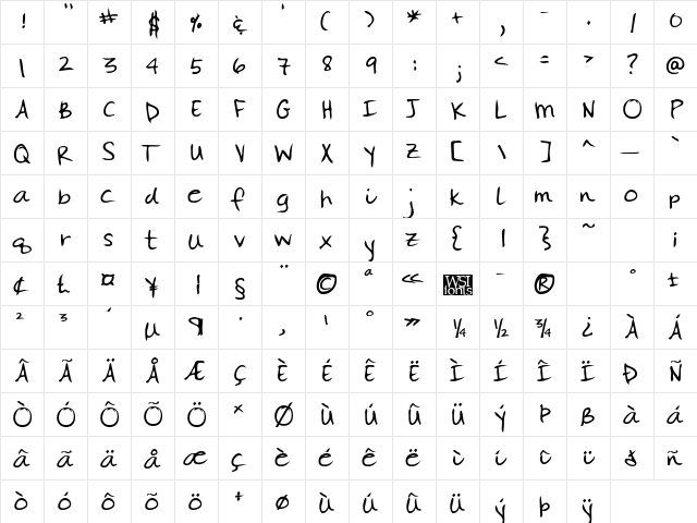 GinasHand Bold  glyph index