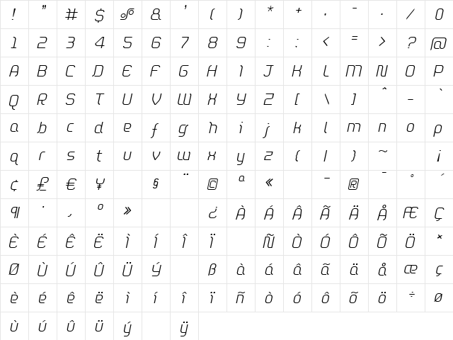 DieppeLight Oblique Regular  glyph index