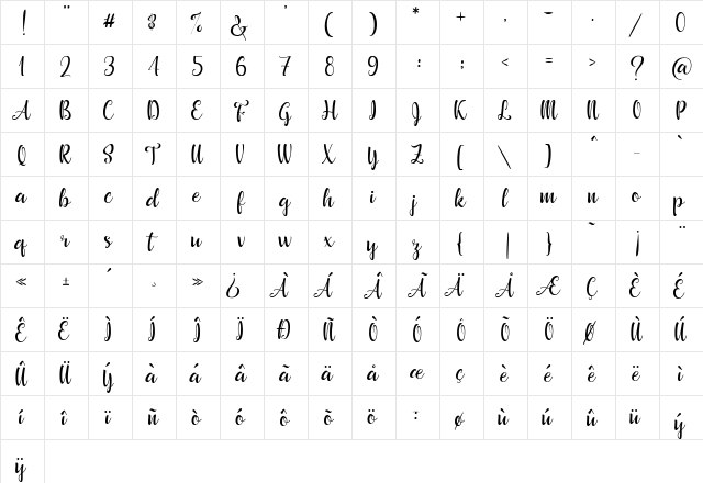 Beautyface Regular  glyph index