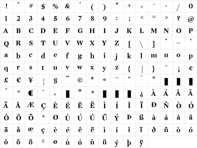 Mercury Display Bold  glyph index