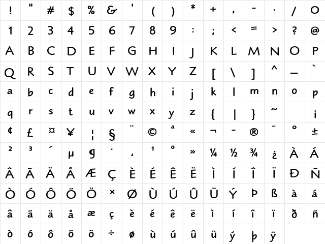Blueprint MT Std Bold  glyph index