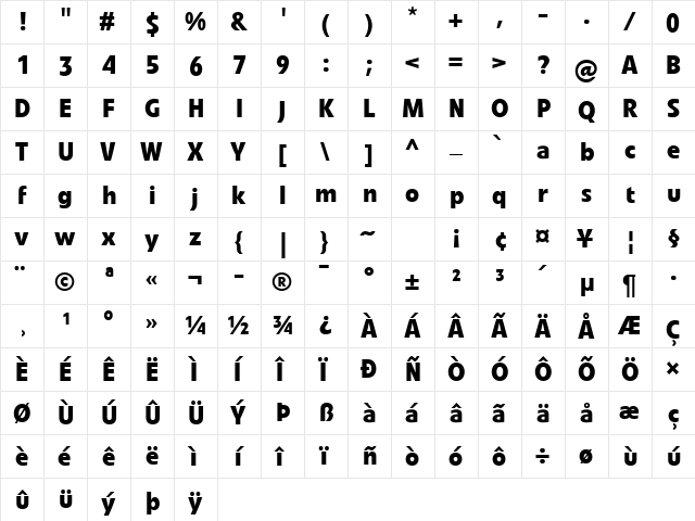 Veto Com Bold  glyph index