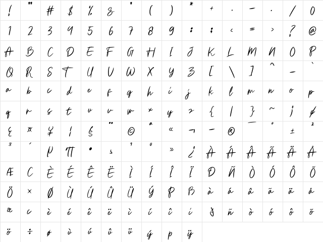 Whistler Regular  glyph index
