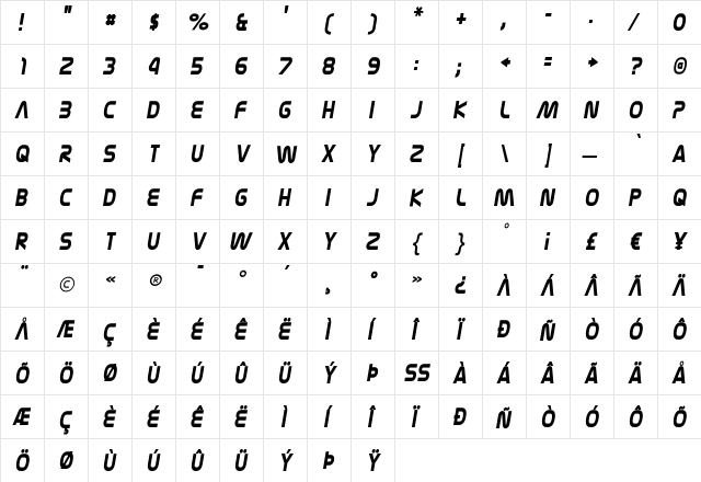 Nasalization Condensed Bold Italic  glyph index