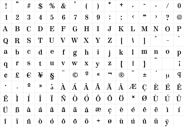 ValenciaSerial Bold  glyph index