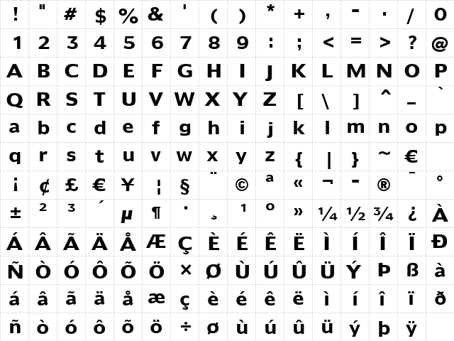 Humanst970 BT Bold  glyph index