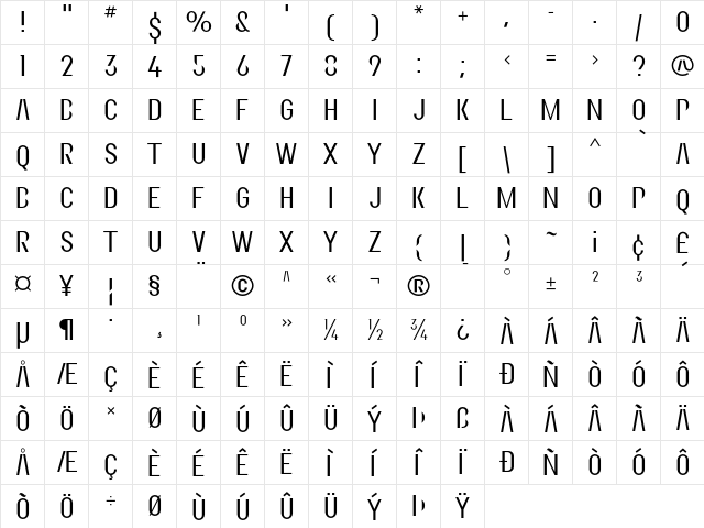 Metropolitan Regular  glyph index