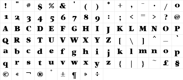 Artemius SN Black Regular  glyph index