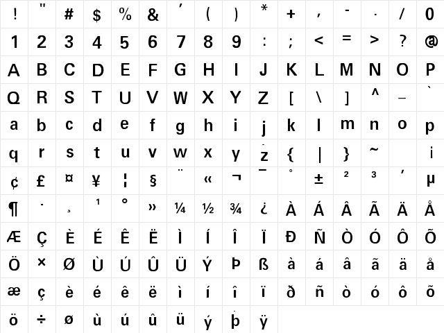 Univers Else Bold  glyph index