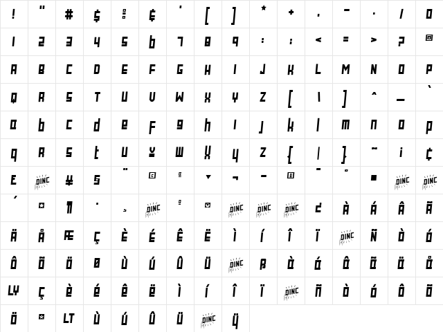 Satellite Regular  glyph index