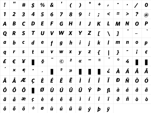 Whitney BoldItalic  glyph index