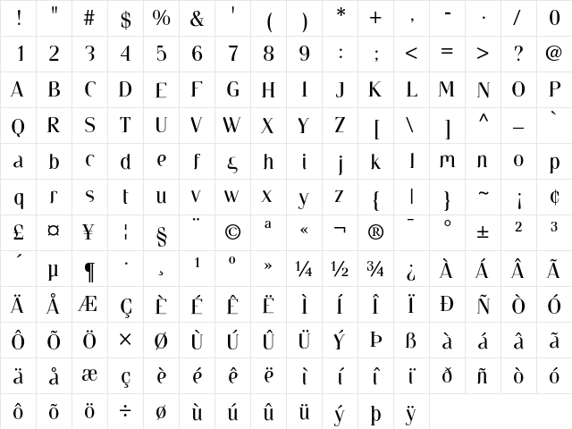 ALTERNA Regular  glyph index