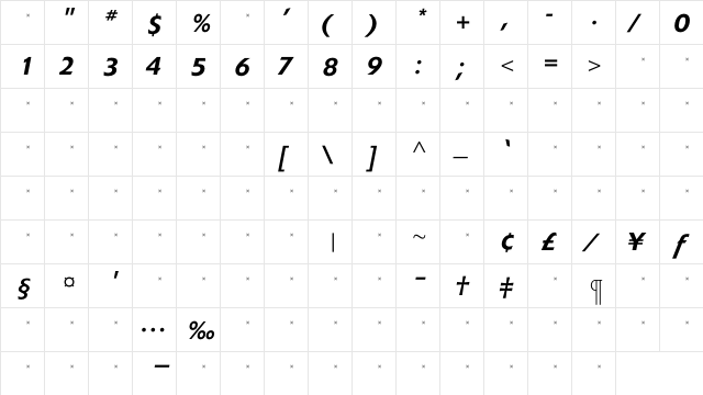 ExtensionMediumItalicTab Regular  glyph index