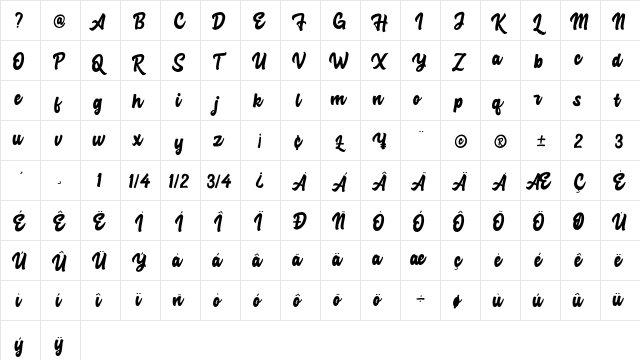 Advocate Script Regular  glyph index